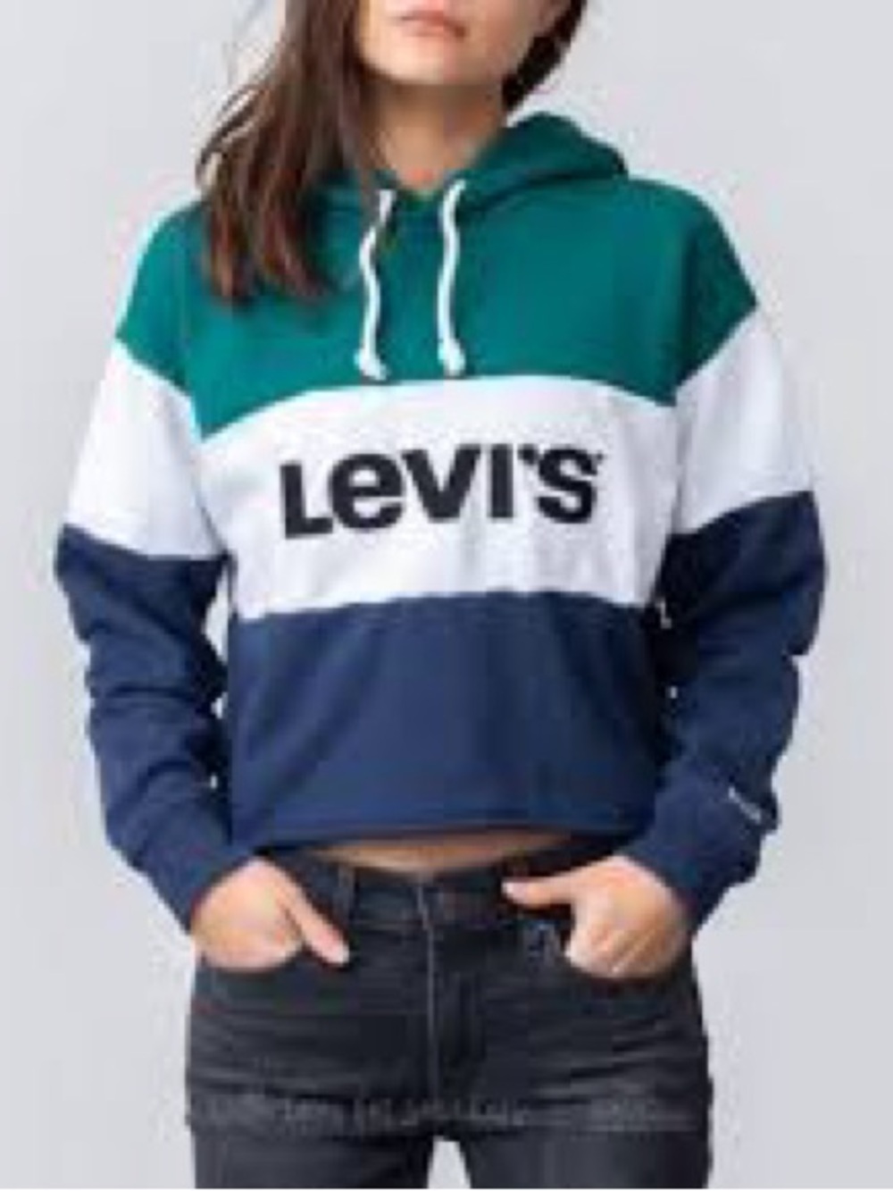 Levi's Cropped Women's Colorblock Hooded Sweatshirt in Teal/White/Navy Size M